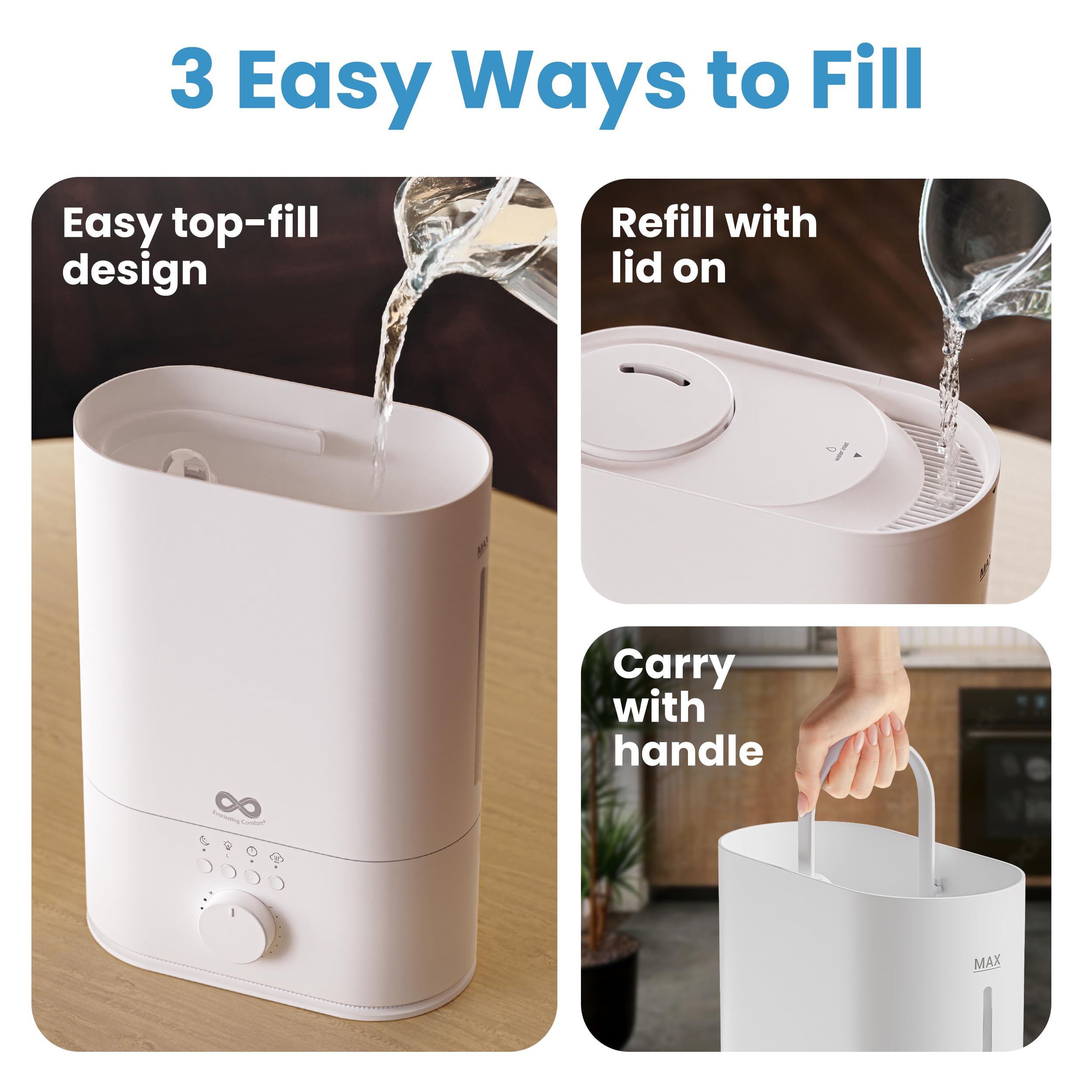 Everlasting Comfort 6L humidifier shown in a large room setup for extended runtime.
