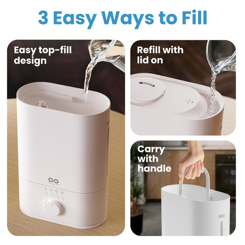 Everlasting Comfort 6L humidifier shown in a large room setup for extended runtime.