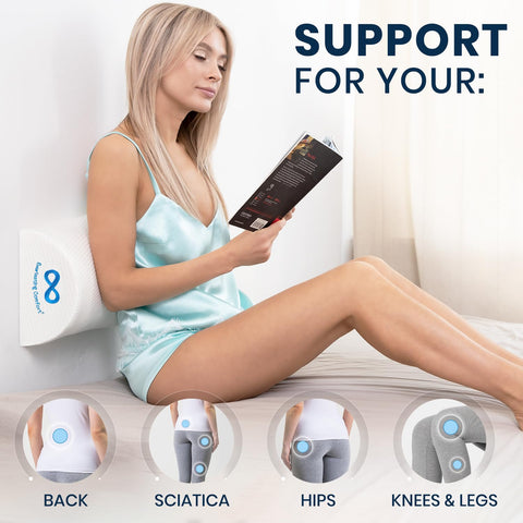 Everlasting Comfort cylindrical knee bolster under the knees for spinal alignment