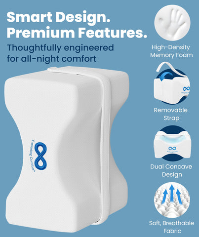 Everlasting Comfort knee pillow with adjustable strap stays in place during sleep