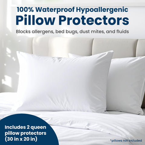 Everlasting Comfort stain-resistant white pillow protector guards against spills.