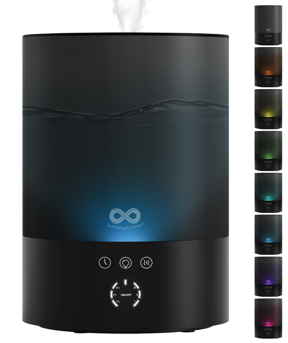 Everlasting Comfort top-fill humidifier on a nightstand delivering gentle cool mist for sleep.
