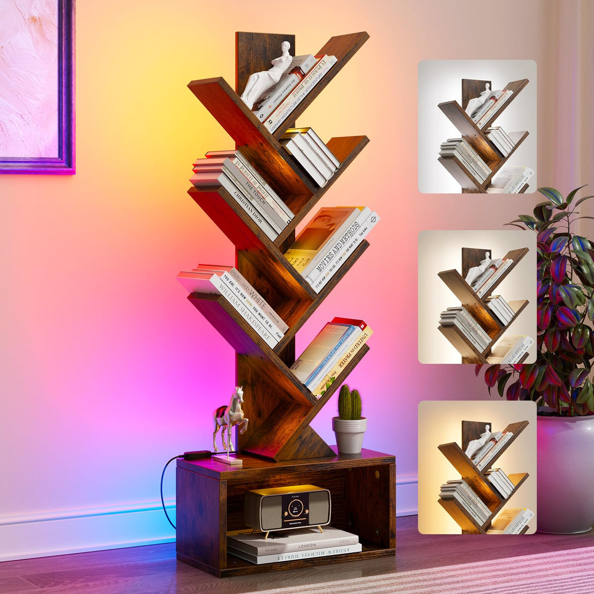 Evermagin 6-tier tree bookshelf with lights illuminates a cozy reading corner.