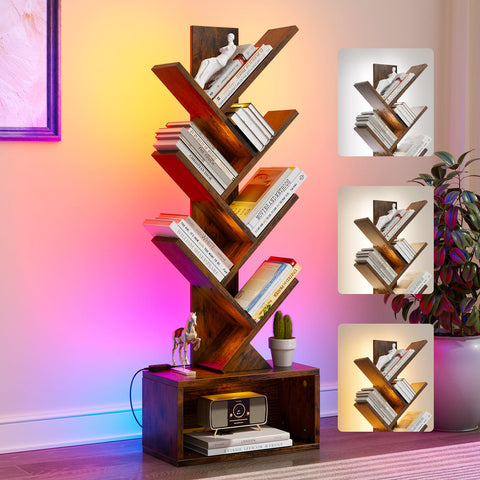 Evermagin 6-tier tree bookshelf with lights illuminates a cozy reading corner.