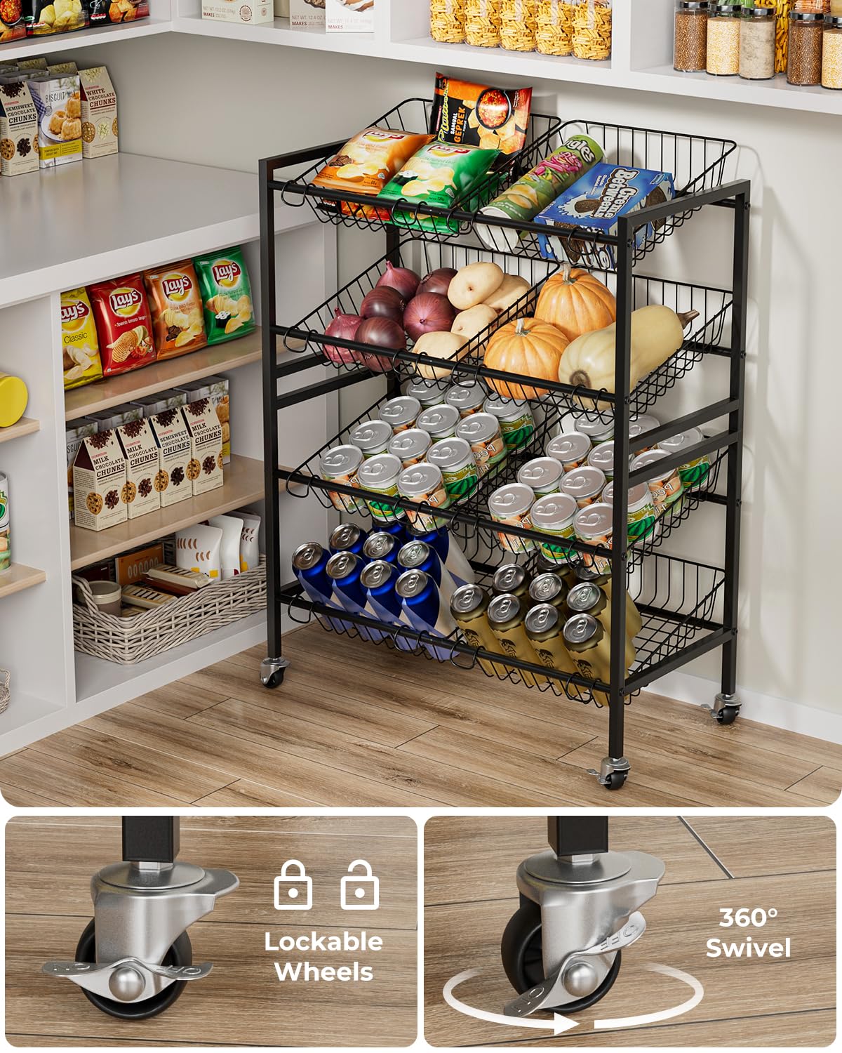 Evermagin tilted mesh shelves provide breathable produce storage.