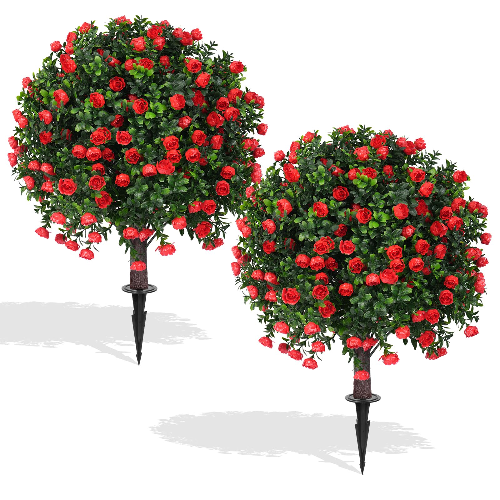 EverNature boxwood topiary ball with red rose, 16in, enhances curb appeal indoors or outdoors.