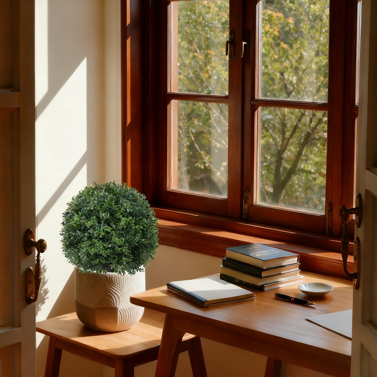 EverNature boxwood ball withstands heat and cold for year-round appeal.