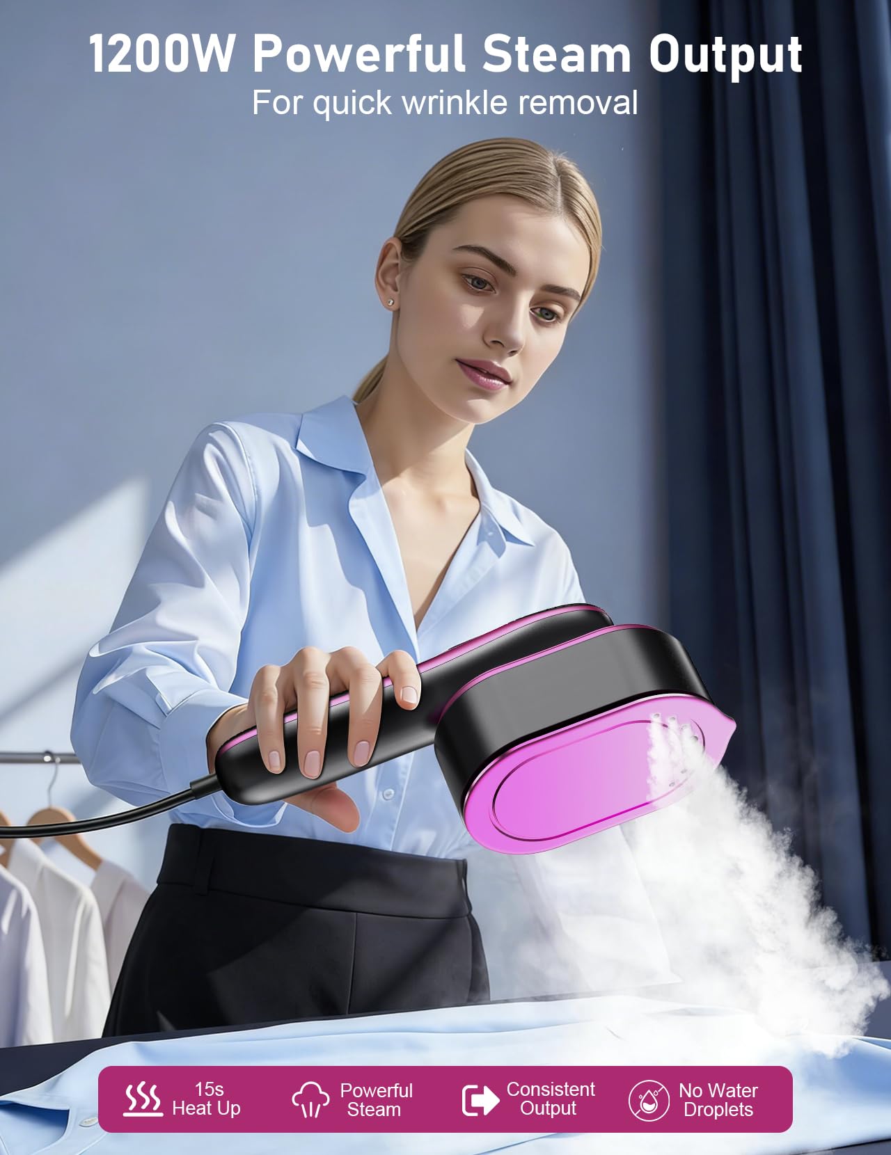 EVIO LED screen guides you through dry ironing and fabric-specific settings