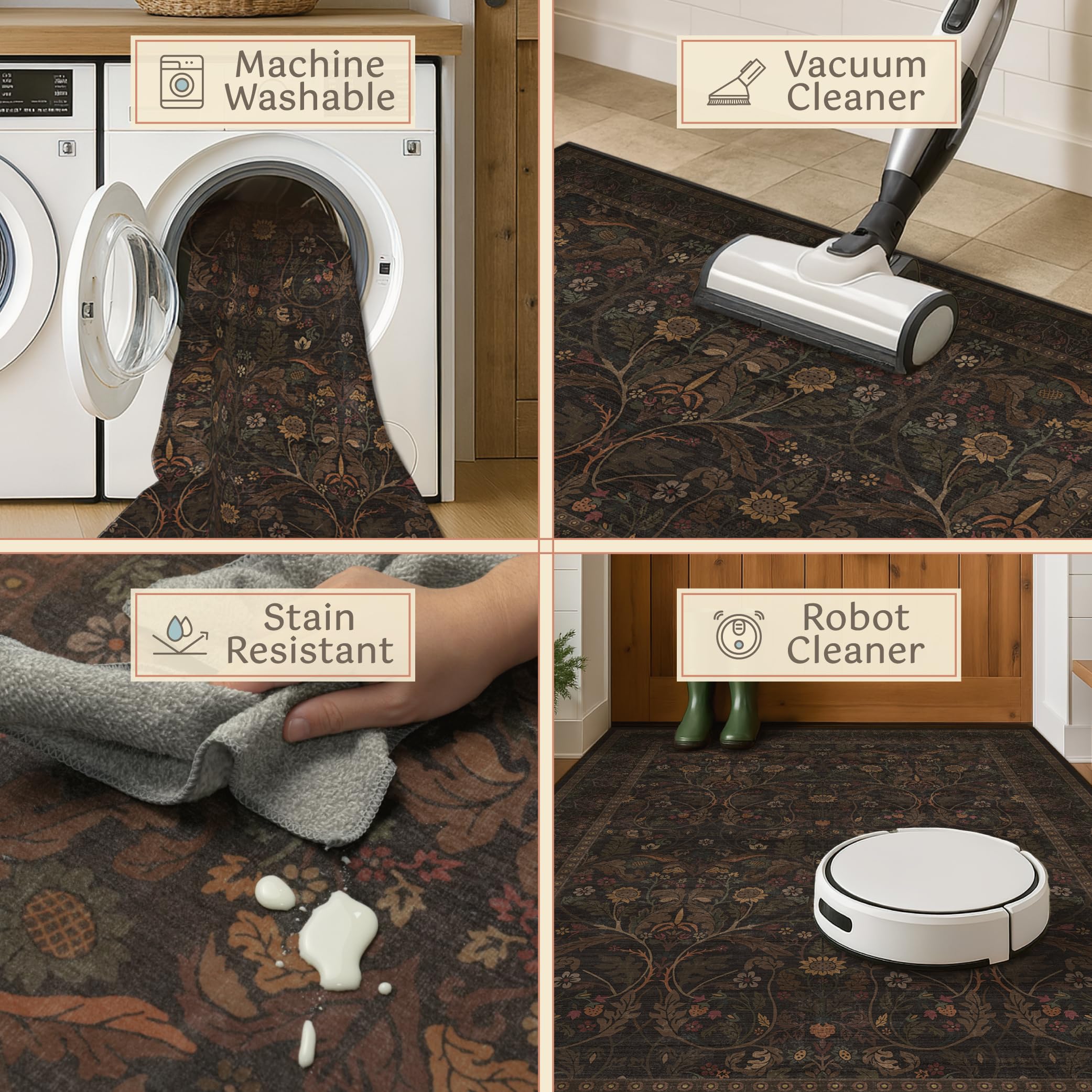 Evyhood rug features non-slip backing for secure placement on hard floors.