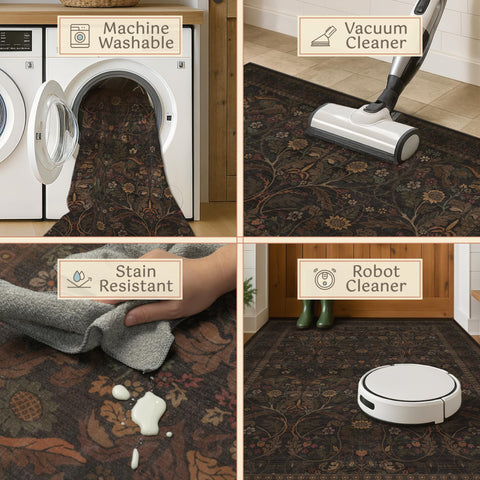 Evyhood rug features non-slip backing for secure placement on hard floors.
