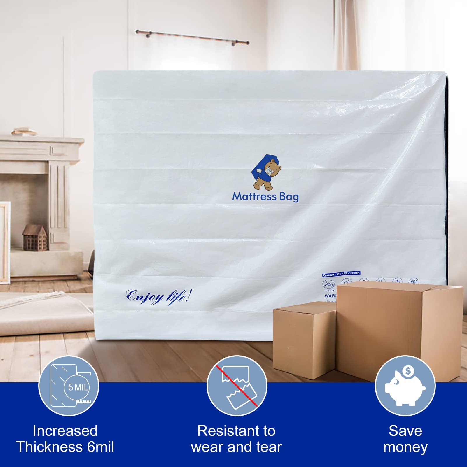 Excibubblebearbb 6mil waterproof mattress bag shields against moisture during storage.