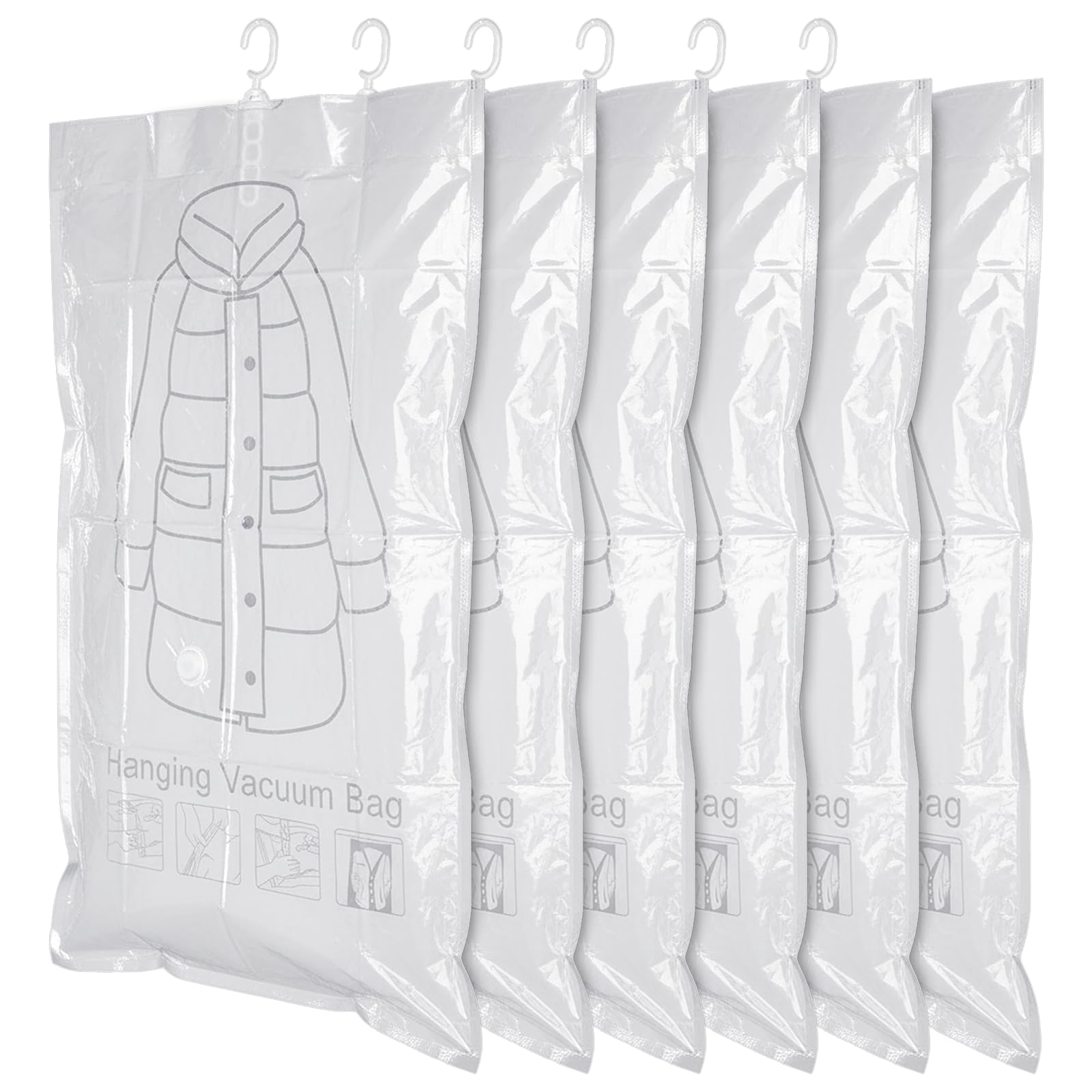 Exclaith 6-pack hanging vacuum bags demonstrate organized closet space savings.