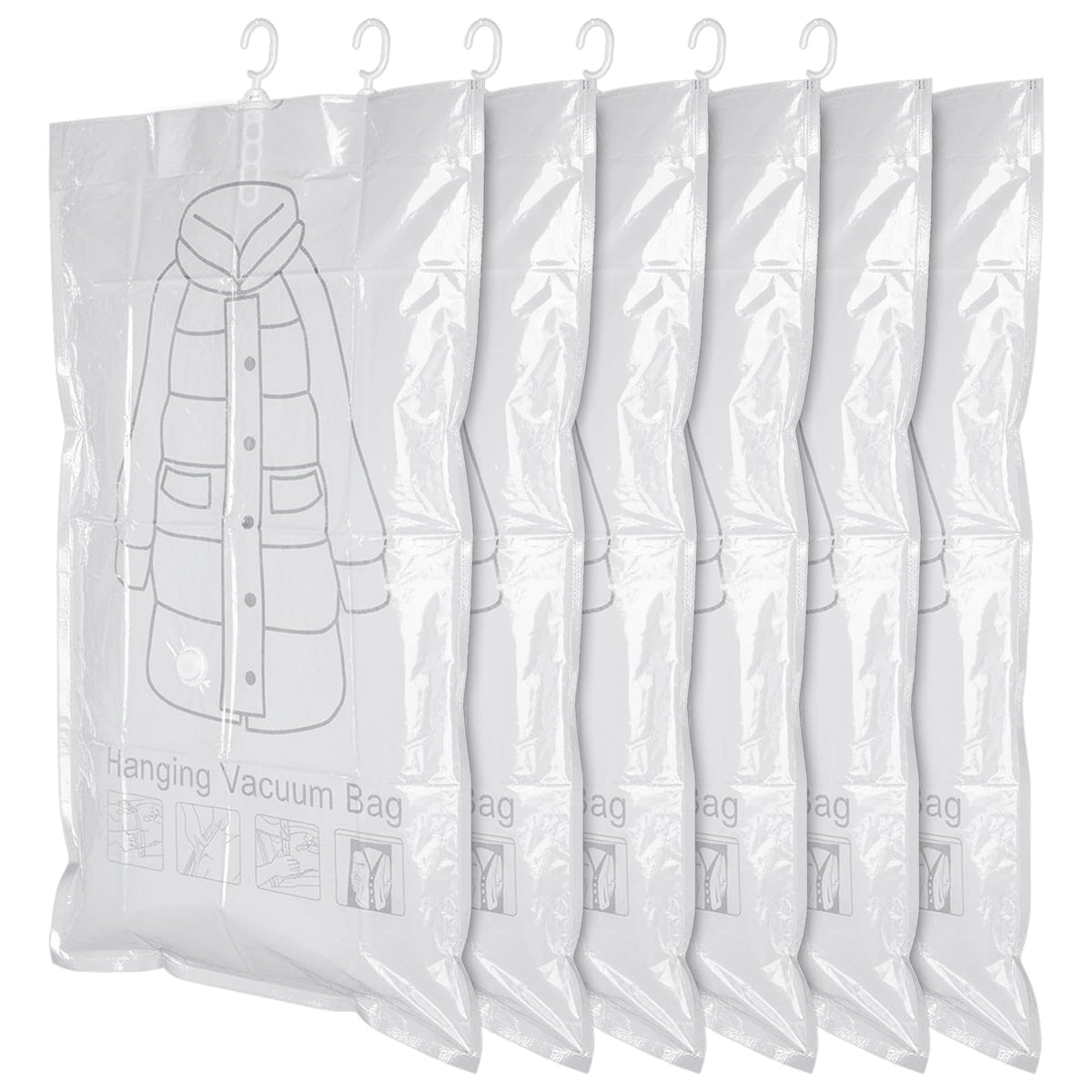 Exclaith 6-pack hanging vacuum bags demonstrate organized closet space savings.