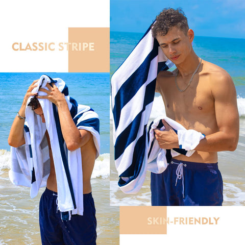 Exclusivo Mezcla cabana stripe towel dark navy showing right-side stripe detail