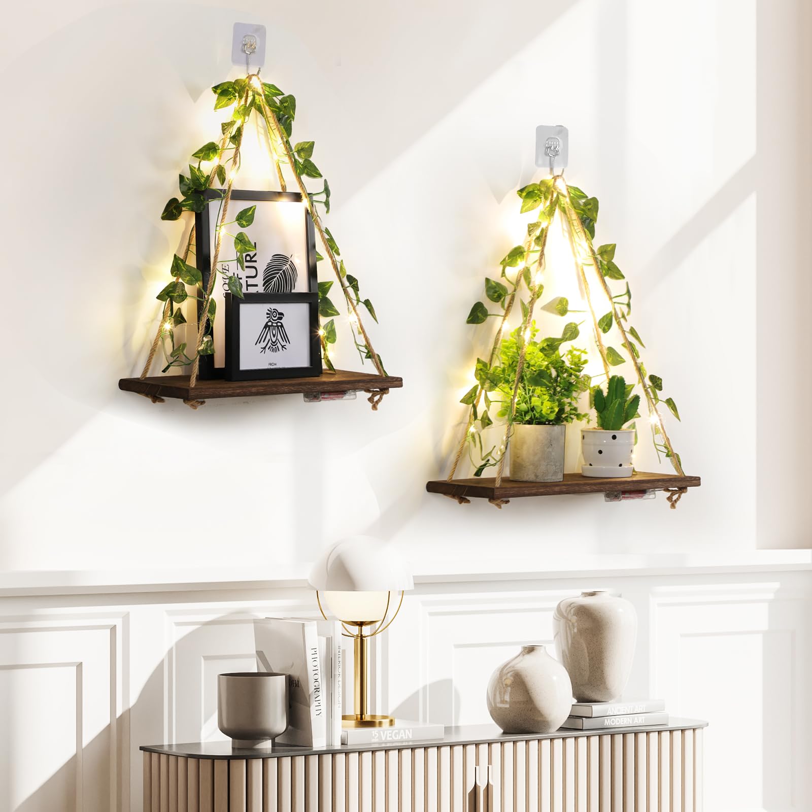 EXIN DECHEN floating shelves with leaves and light strip for subtle illumination.