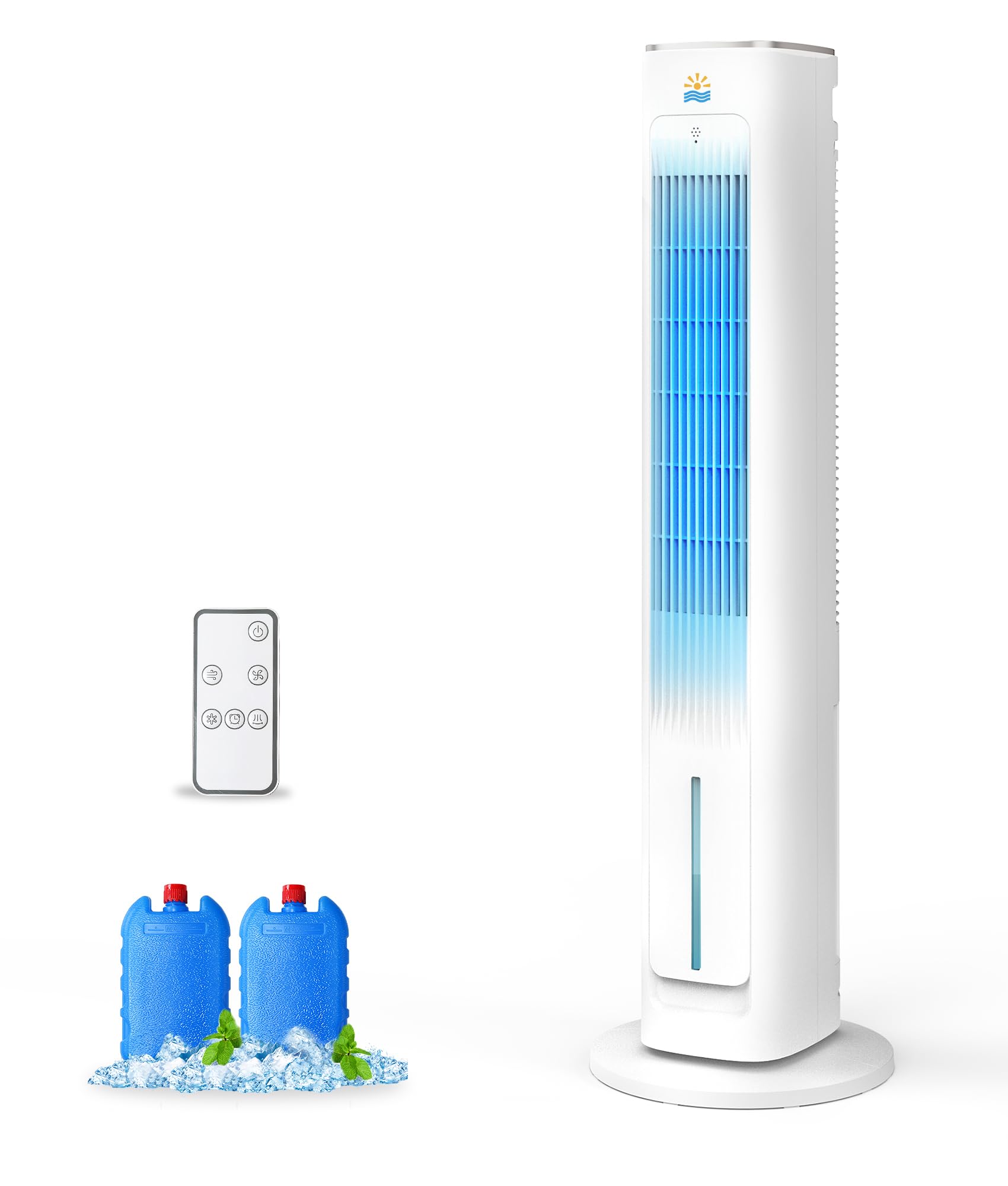 EXNOS portable evaporative air cooler tower in a bedroom setting for compact cooling.