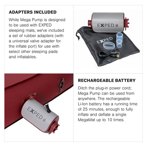Exped Mega Pump with universal adapters fits most inflatable pads.
