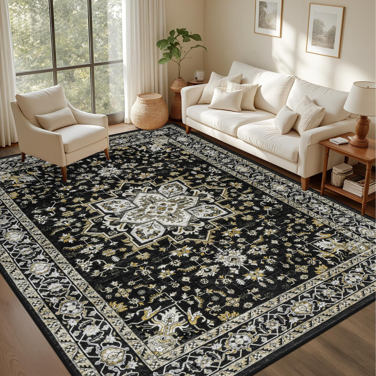 ExpediX 5x7 boho medallion rug enhances living room ambiance with vintage charm.
