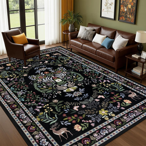 ExpediX black floral-animal rug fits farmhouse and modern homes