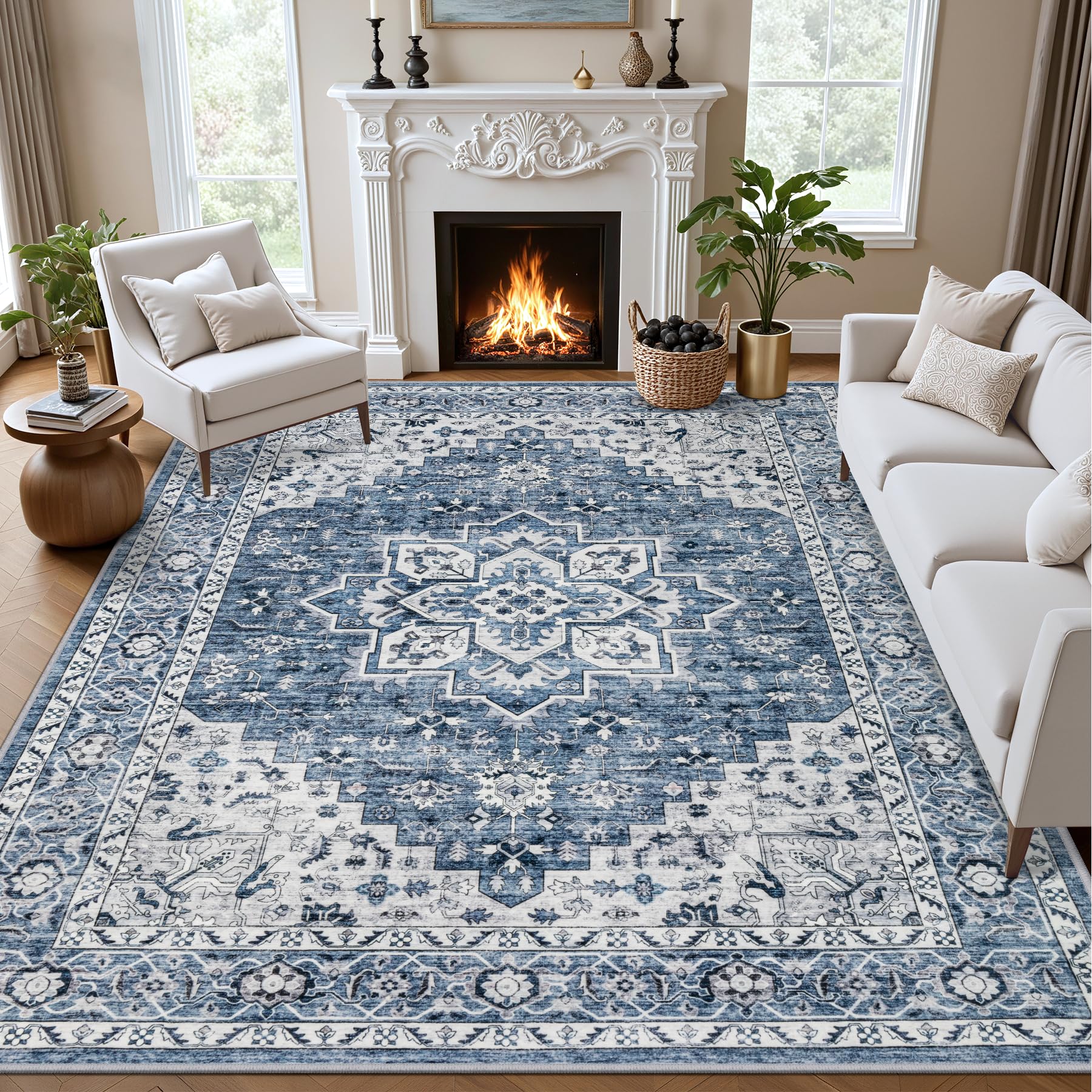 ExpediX washable boho medallion rug blue offers easy cleaning for busy homes.