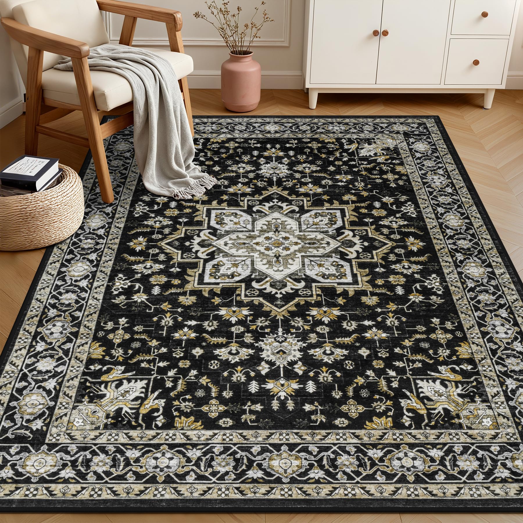 ExpediX washable rug with non-slip backing stays secure on hardwood floors.