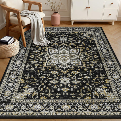 ExpediX washable rug with non-slip backing stays secure on hardwood floors.