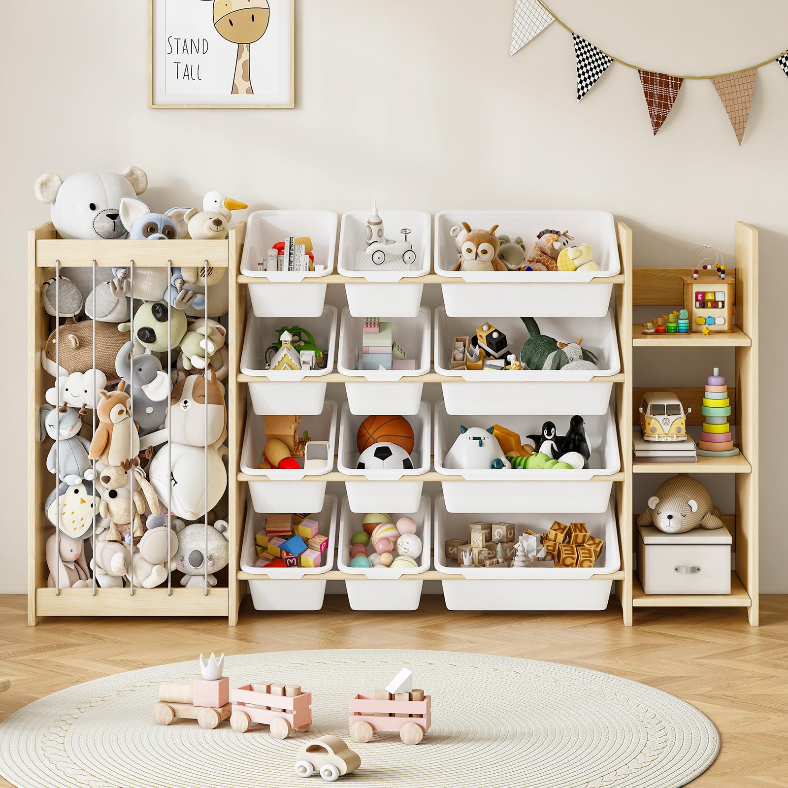 EXPERLAM 3-in-1 toy storage holder for plush toys on the left in a playroom