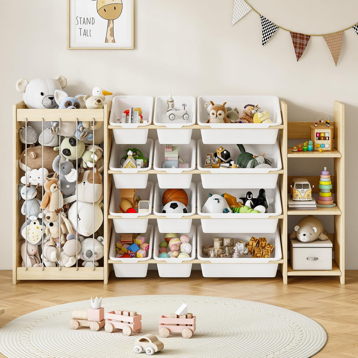 EXPERLAM 3-in-1 toy storage holder for plush toys on the left in a playroom