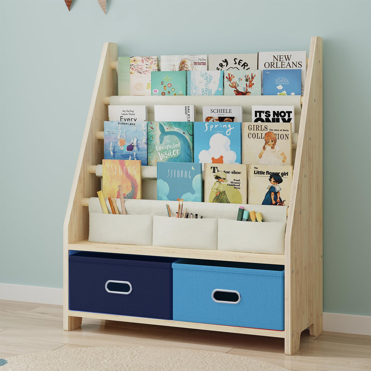 EXPERLAM 4-tier kids book shelf blue with spacious storage and toy organizer