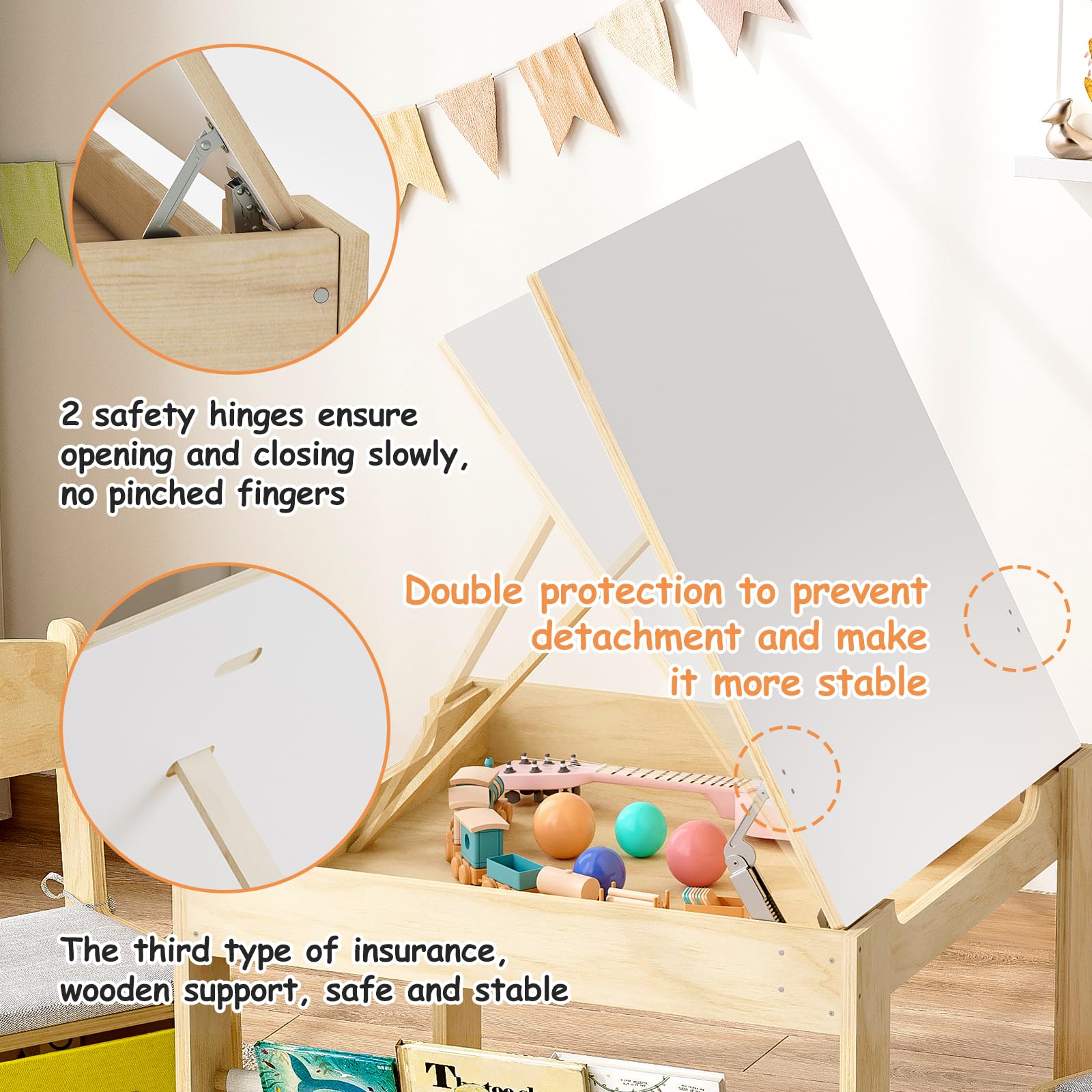 Experlam Kids Table Safety Hinges prevent finger pinching during lowering