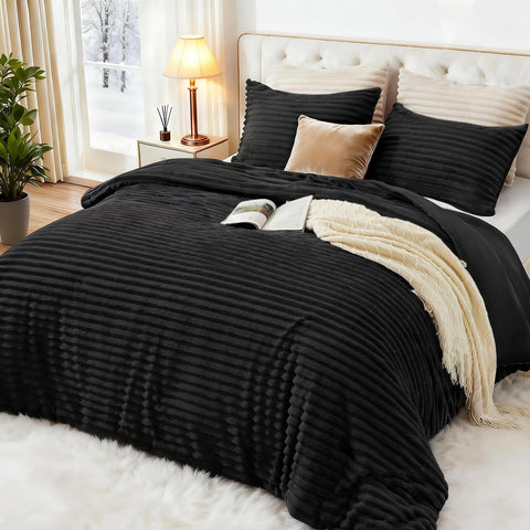 EXQ Home black fleece texture ensemble shown in a bedroom for plush softness