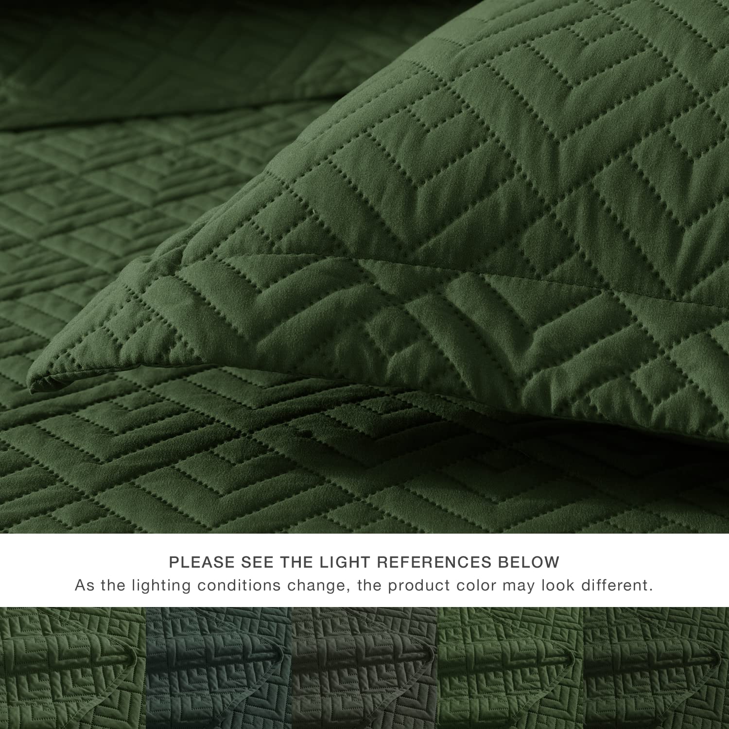 EXQ Home olive green quilt packaging with care guide and size info