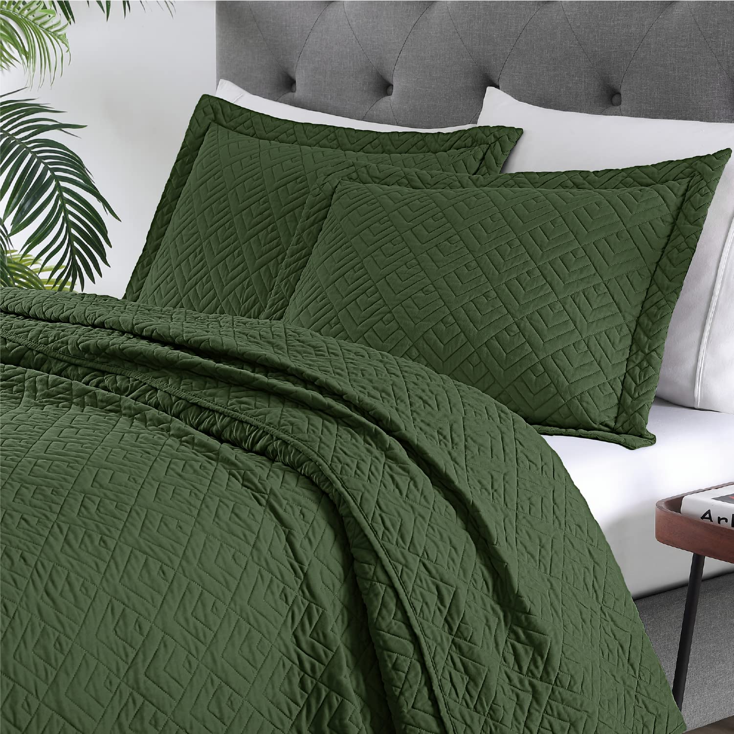 EXQ Home olive green quilt set folded display highlighting lightweight fabric