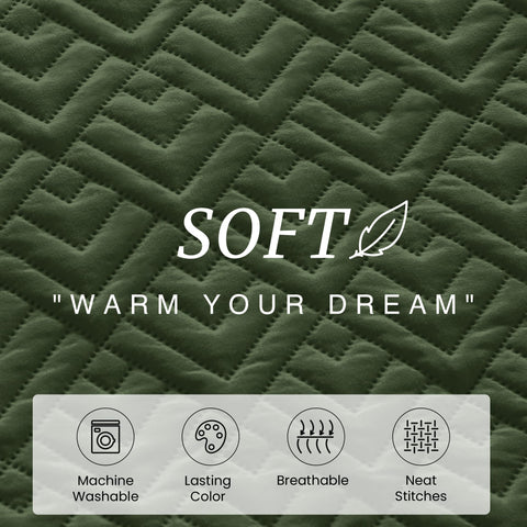 EXQ Home olive green quilt set two pillow shams arranged for cozy look