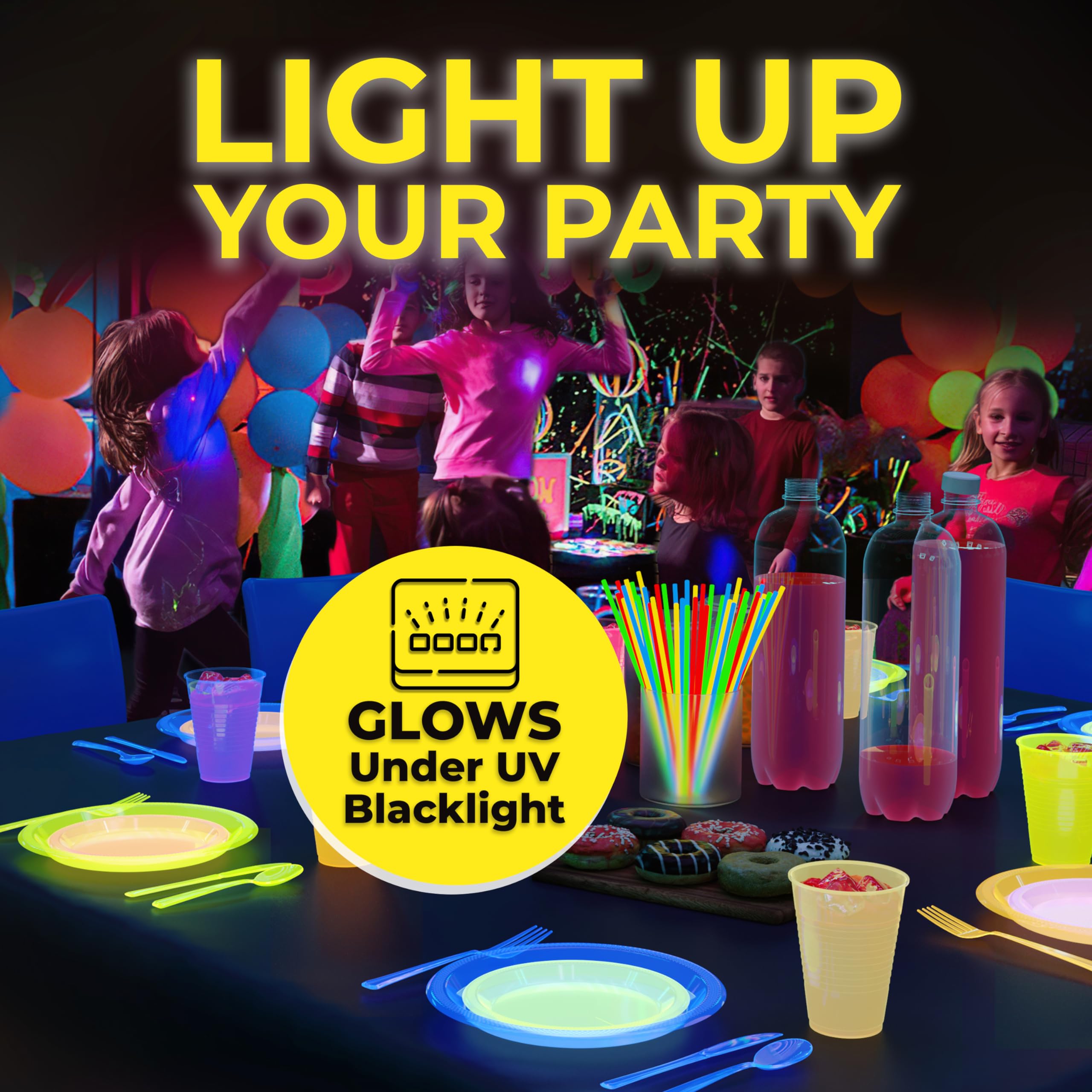 Exquisite glow-reactive plates enhance indoor and outdoor neon celebrations.