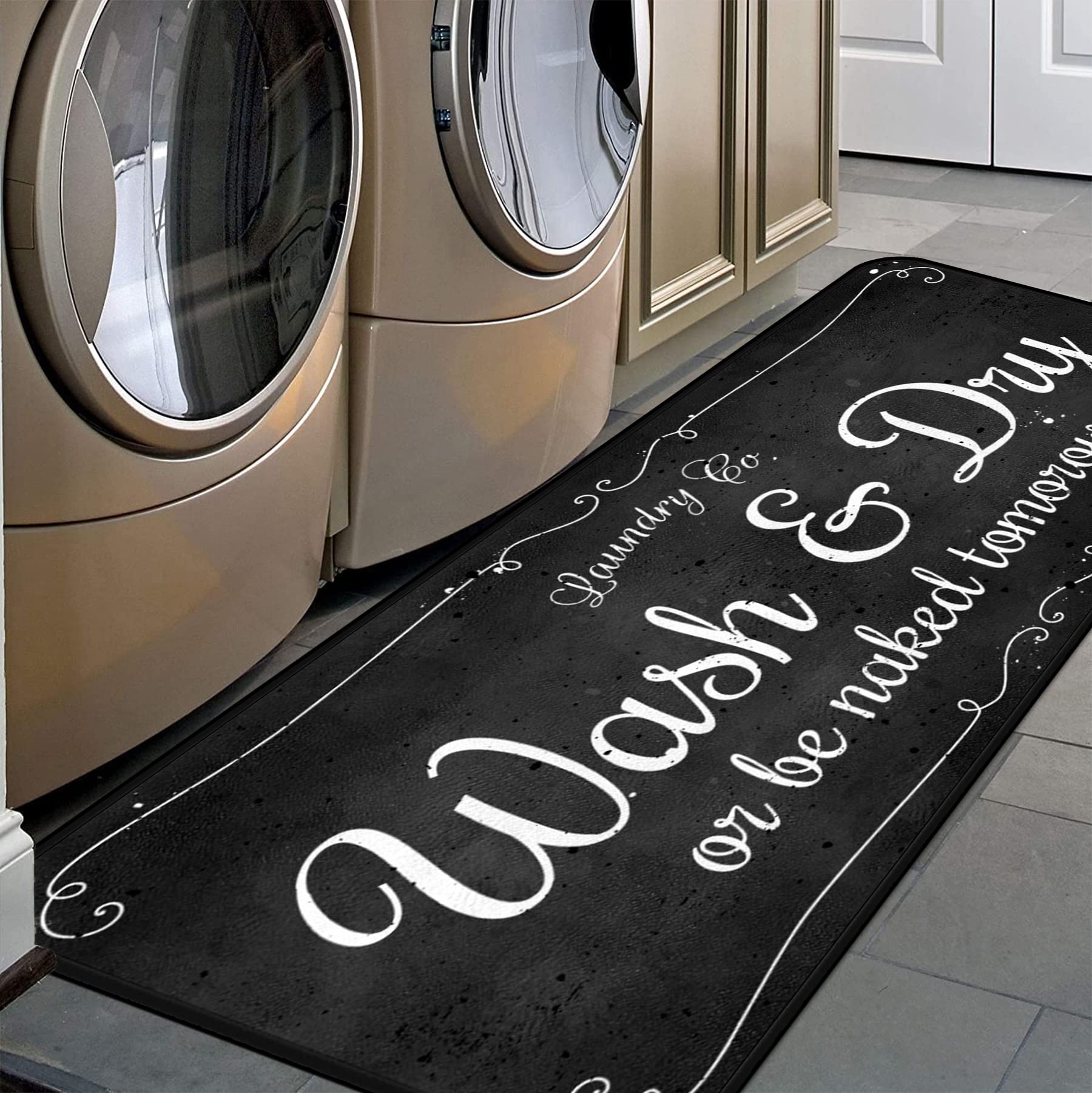 EYECY laundry rug 72x24 overview showing long coverage under washer and dryer.
