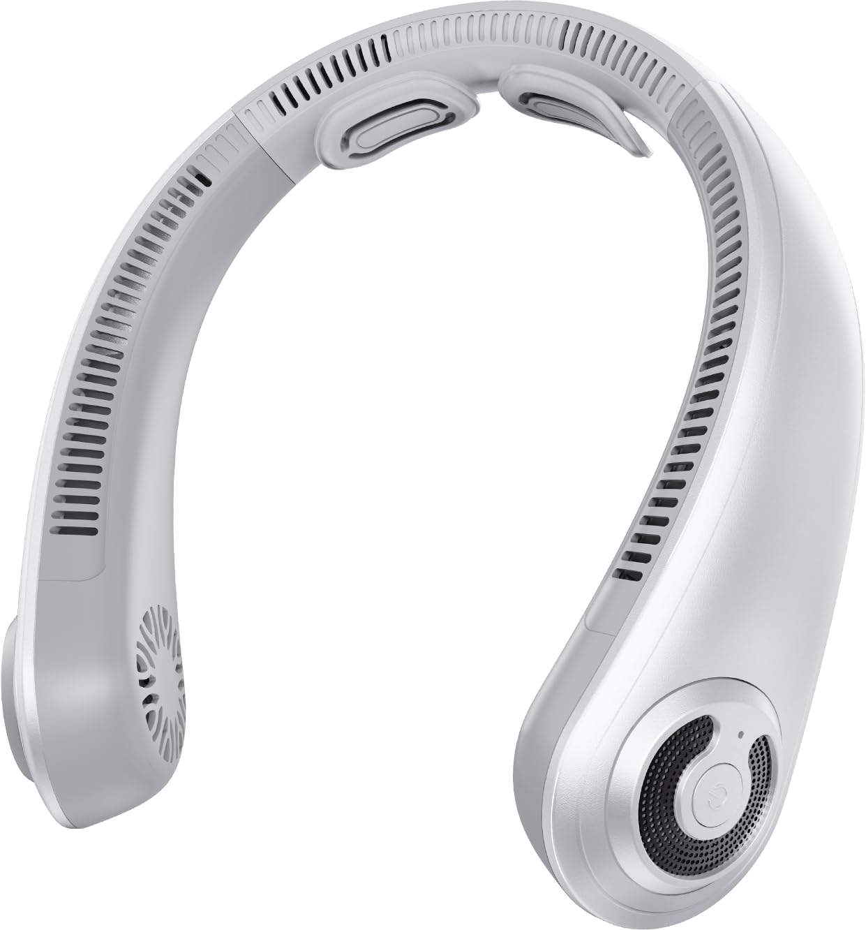 EYERZ bladeless neck fan shows safe design for hair-friendly cooling.