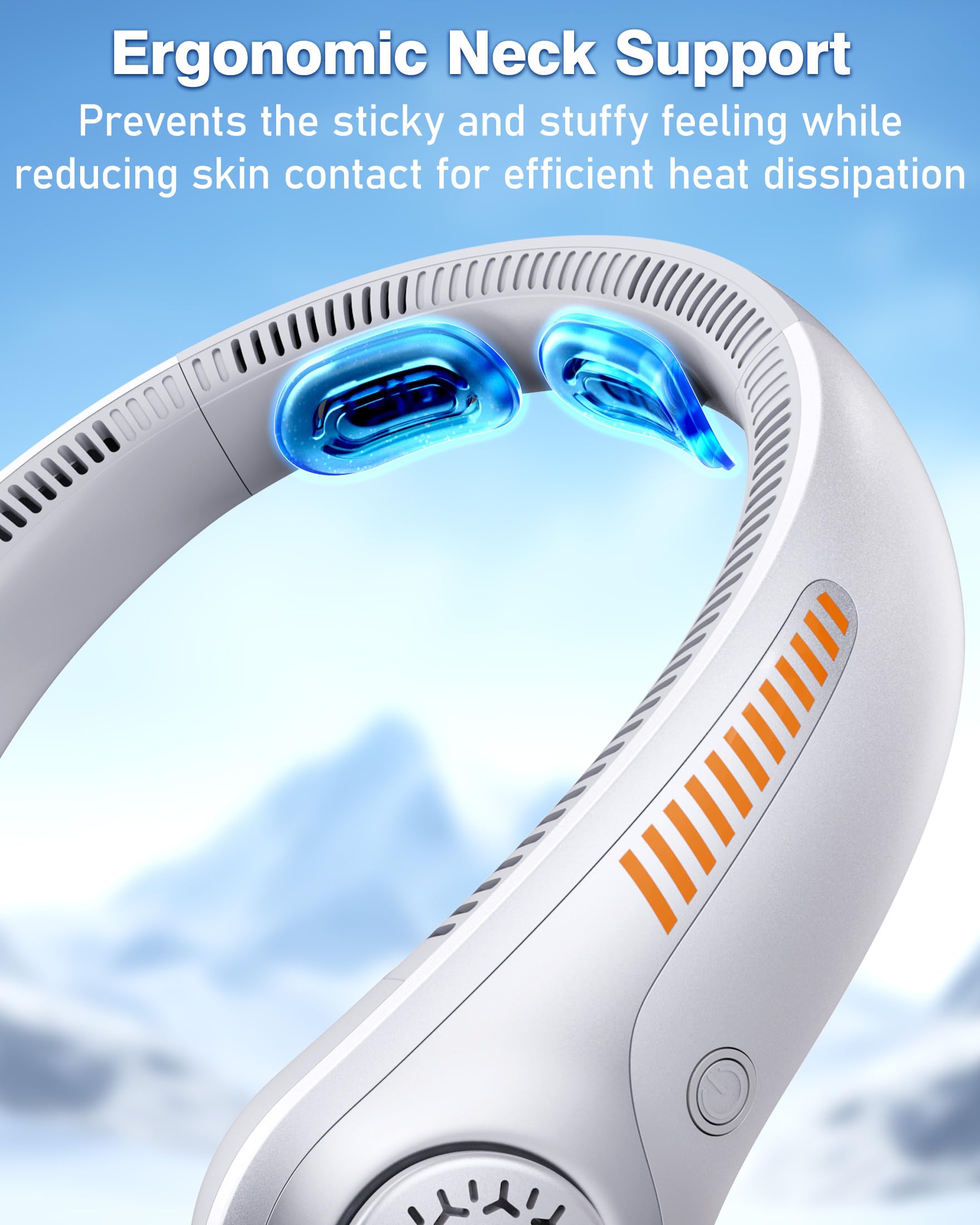 EYERZ neck fan ergonomic design highlights soft silicone neck support for comfortable all-day wear