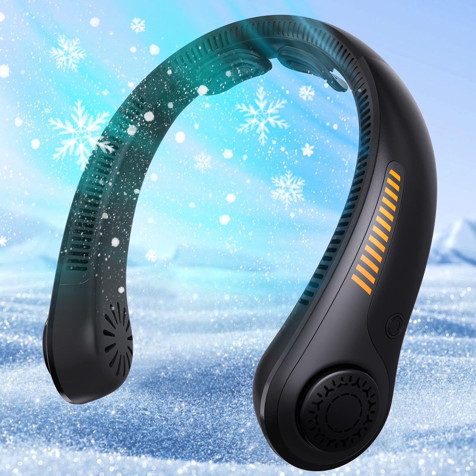 EYERZ portable neck fan close-up showing compact travel-friendly design for cooling on the go.