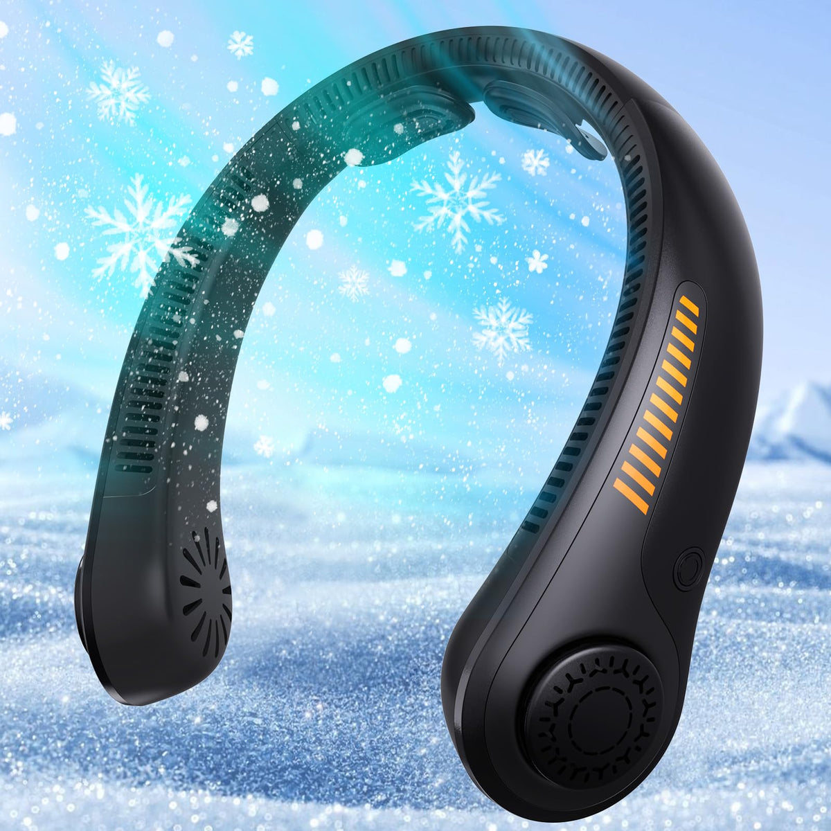 EYERZ portable neck fan close-up showing compact travel-friendly design for cooling on the go.