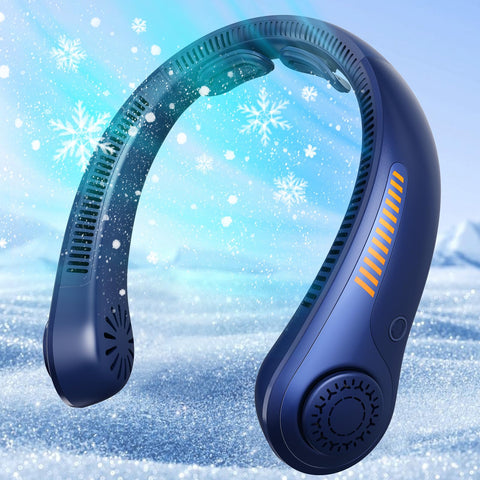 EYERZ portable neck fan front view shows full surround cooling for neck and face, ideal for travel.