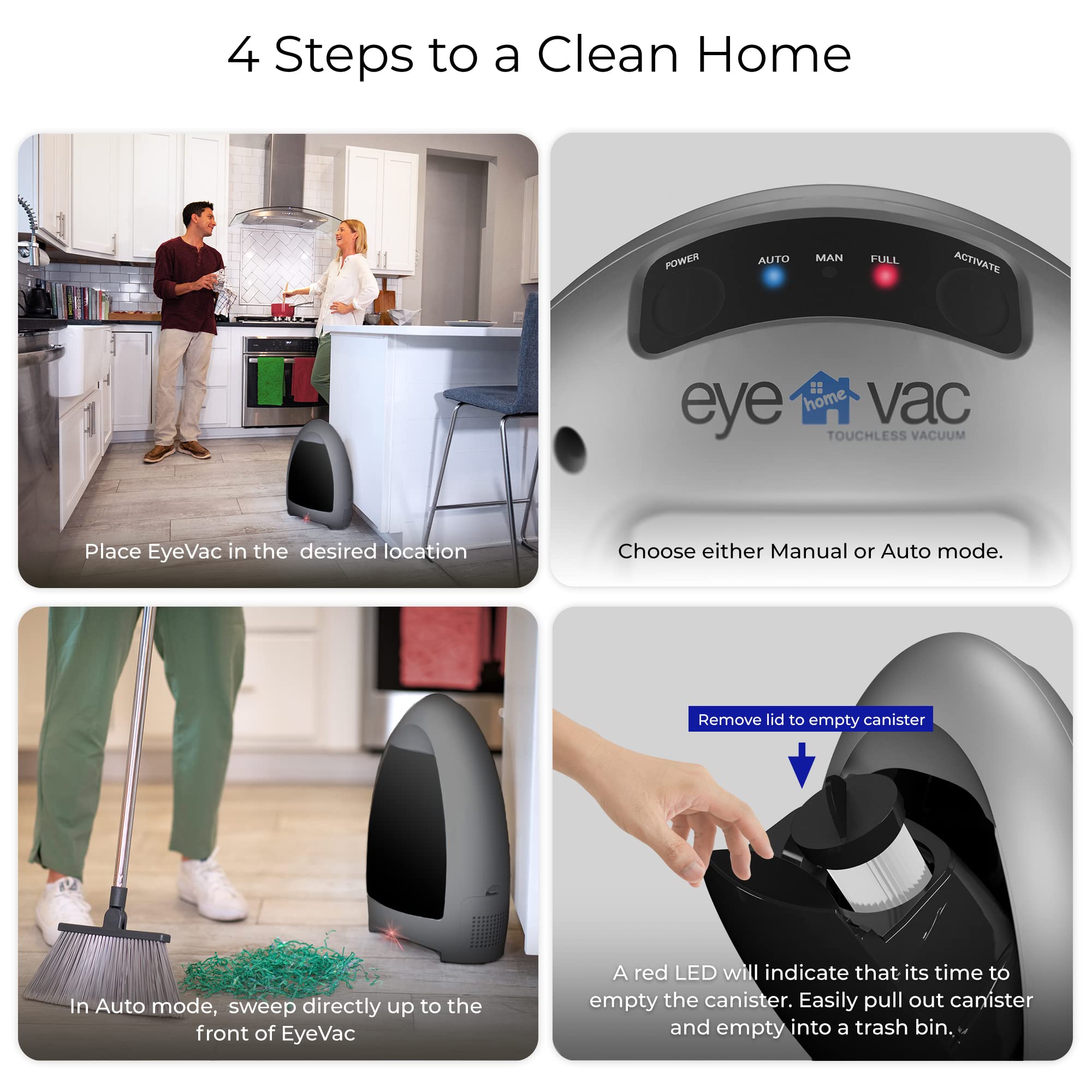 EyeVac 1000W cleaning on hard floors like wood, tile, and cement.