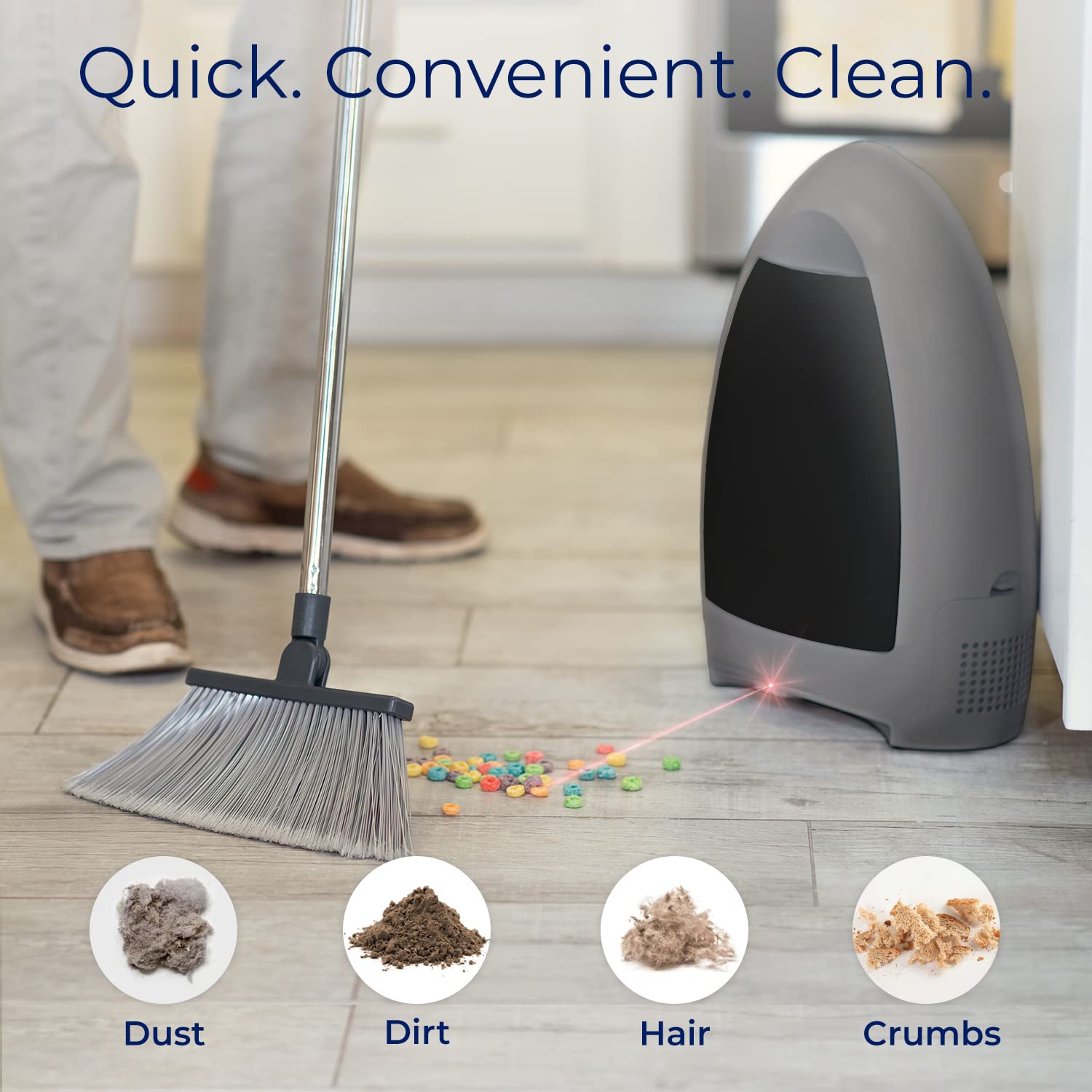 EyeVac in use with infrared sensors, sweeping pet hair efficiently without bending.