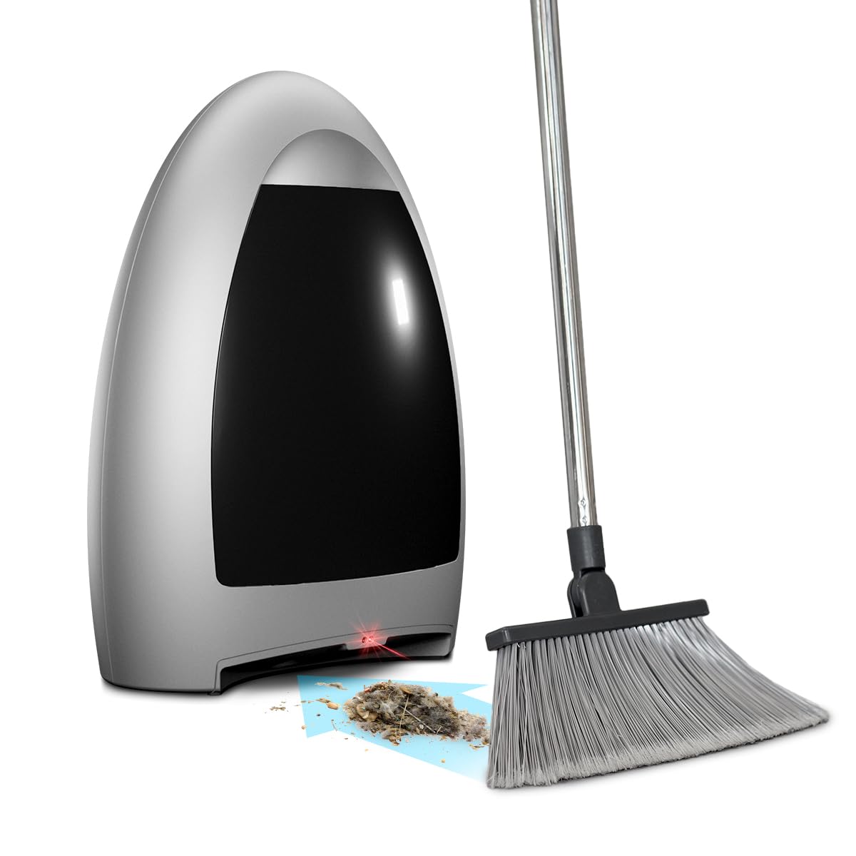 EyeVac Home touchless vacuum, front view, fast dustpan action for quick floor cleanup.