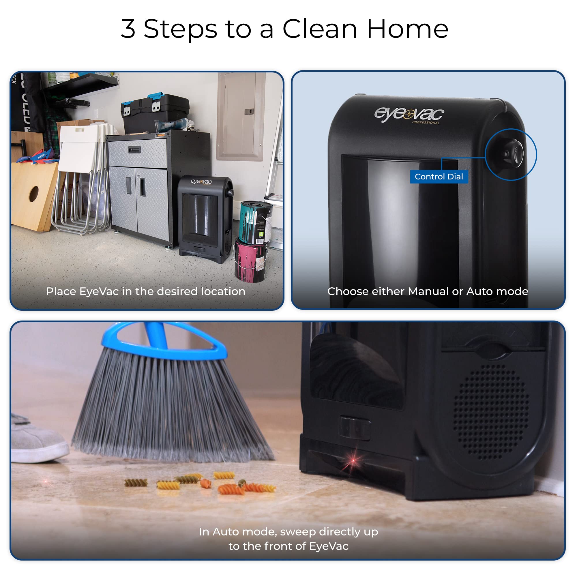 EyeVac Pro with high efficiency filters for cleaner air after sweeping.