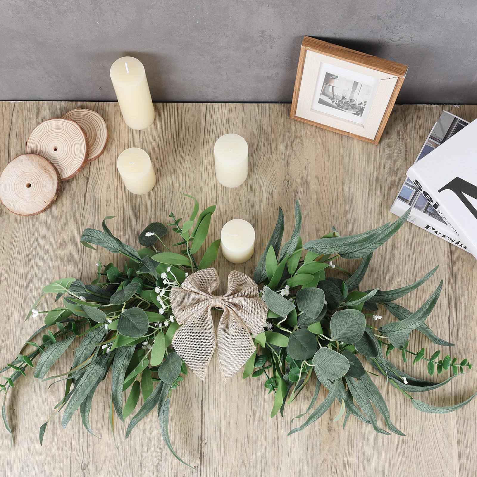 EYNDYN eucalyptus-olive-leaves wreath closeup highlights lifelike detail