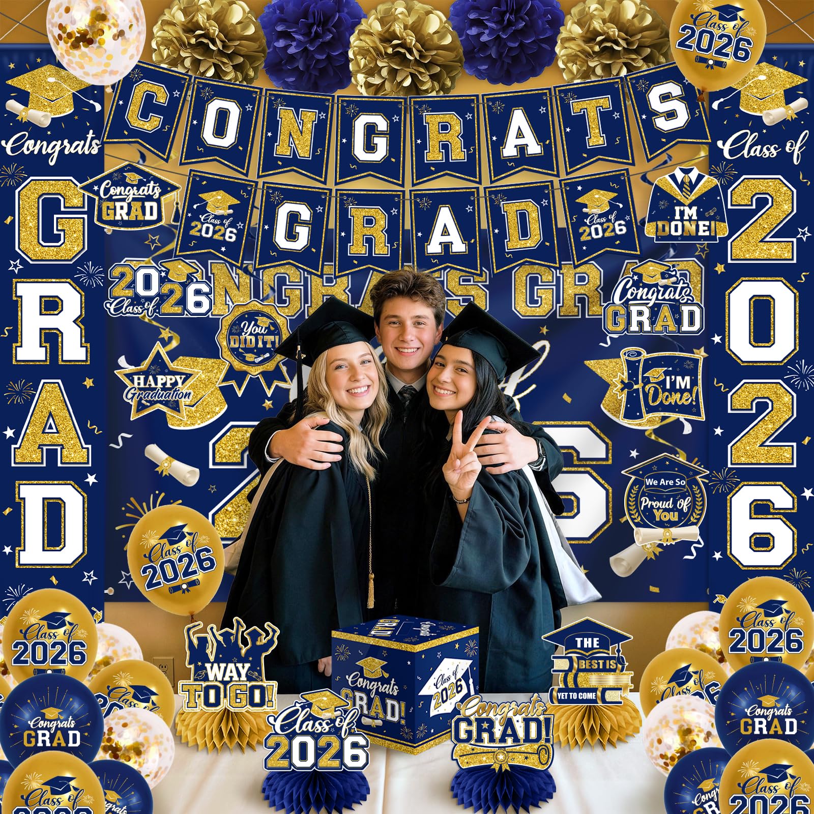 EYOBZOOQ 59x39 inch backdrop creates a professional graduation party stage.