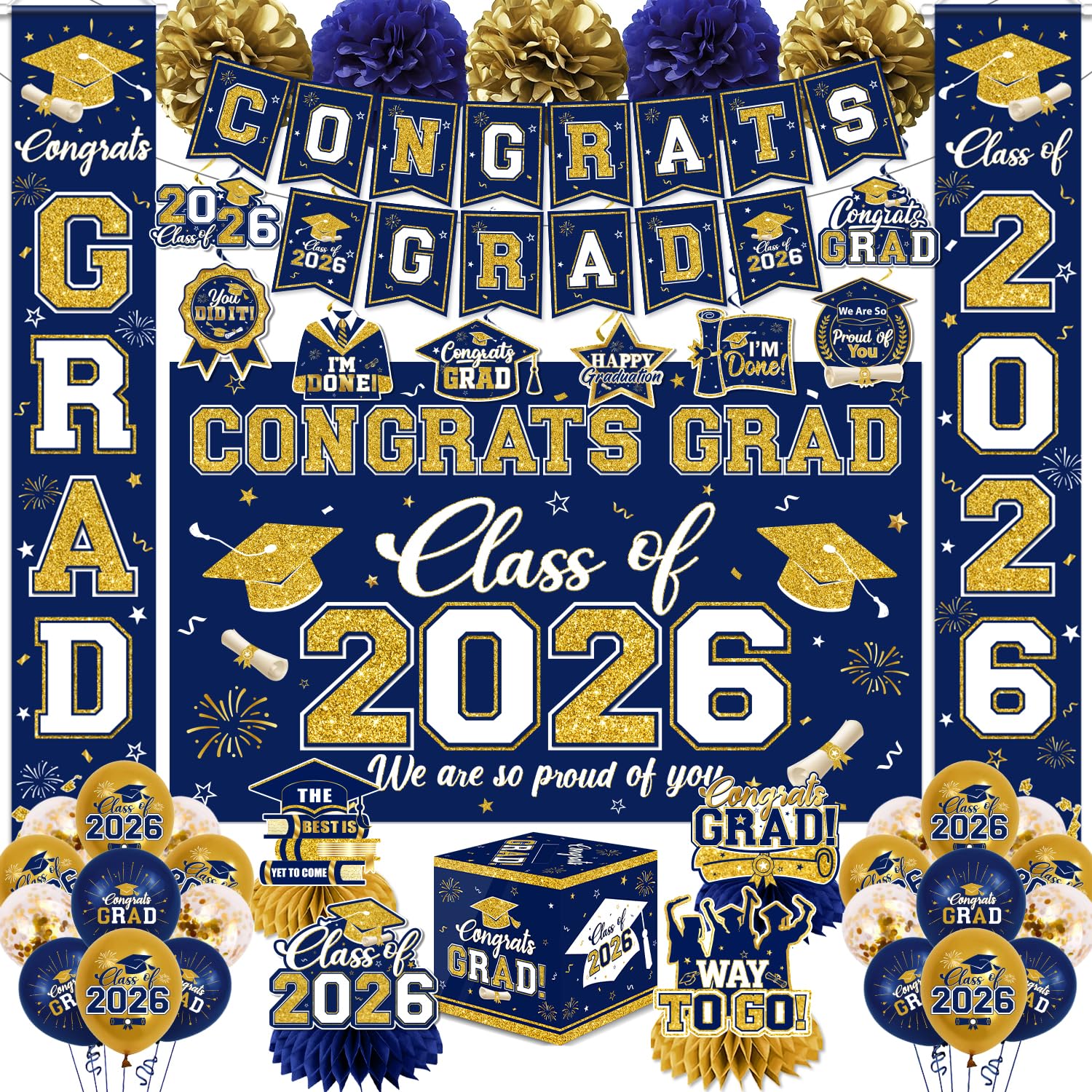 EYOBZOOQ navy blue and gold graduation banner as a bold photo-worthy focal point.