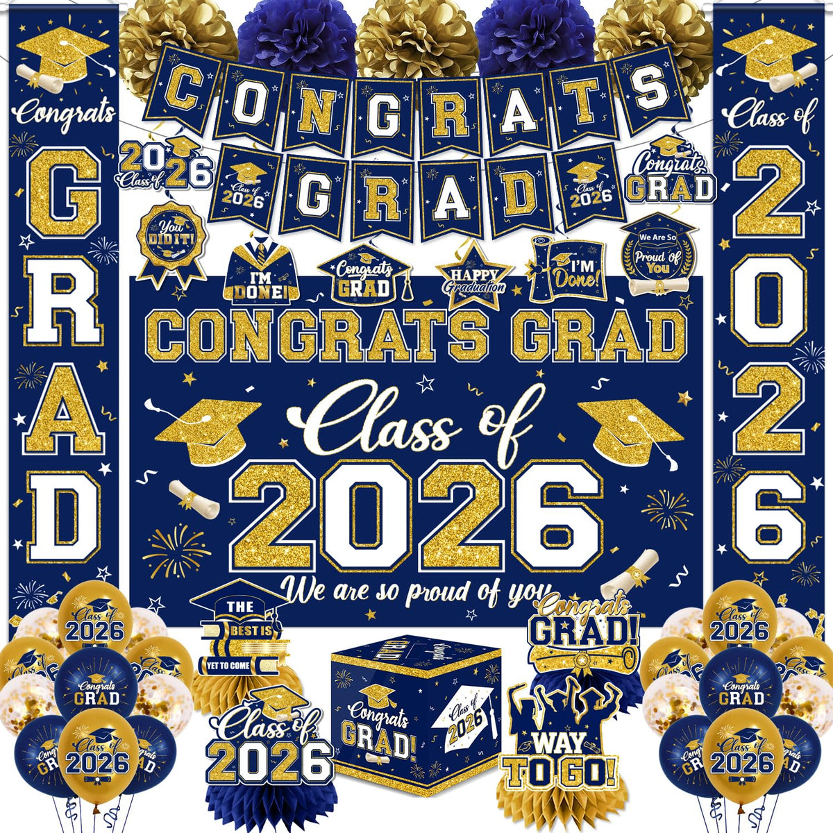 EYOBZOOQ navy blue and gold graduation banner as a bold photo-worthy focal point.