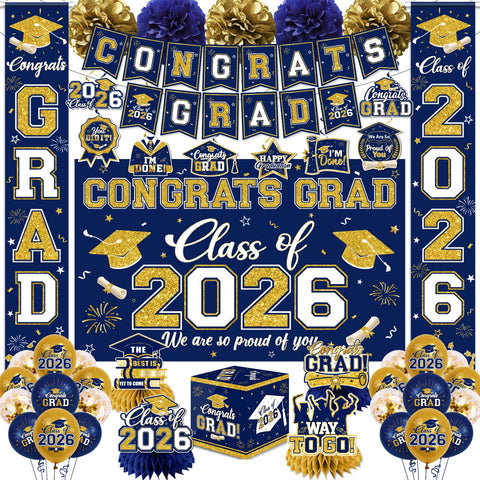 EYOBZOOQ navy blue and gold graduation banner as a bold photo-worthy focal point.